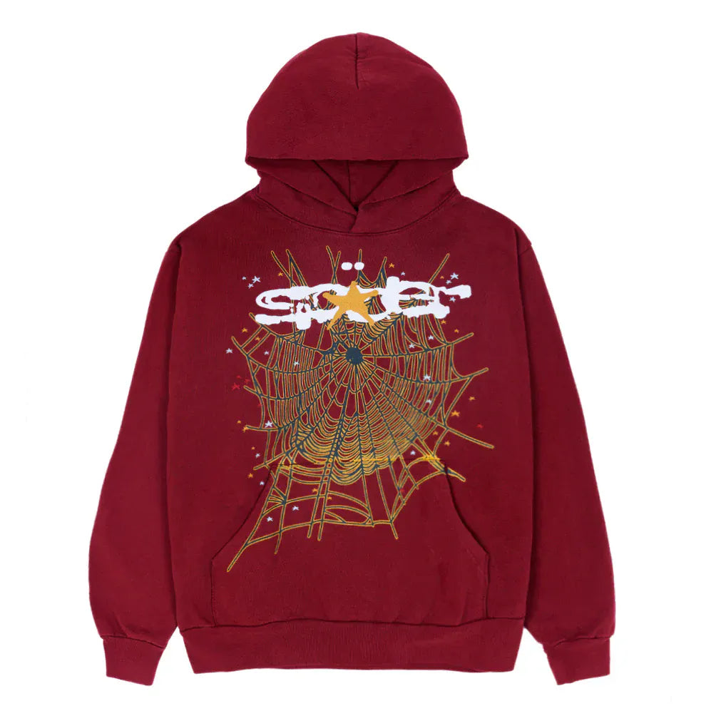 Burgundy Graphic Hoodie with Spider Web Print – 440GSM Heavyweight Comfort Fit Pullover Hoodie