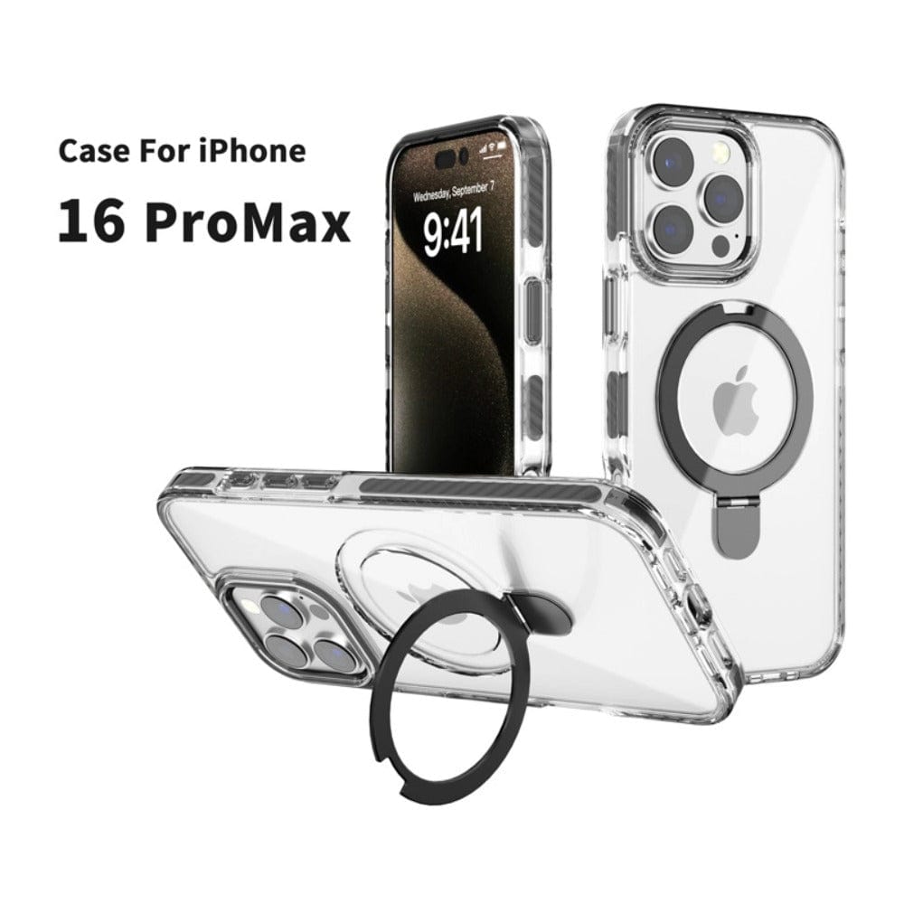 iPhone 16 Pro Max Clear Case with Ring Holder, featuring a high-gloss finish, shockproof protective cover, and MagSafe compatibility, shown from multiple angles.