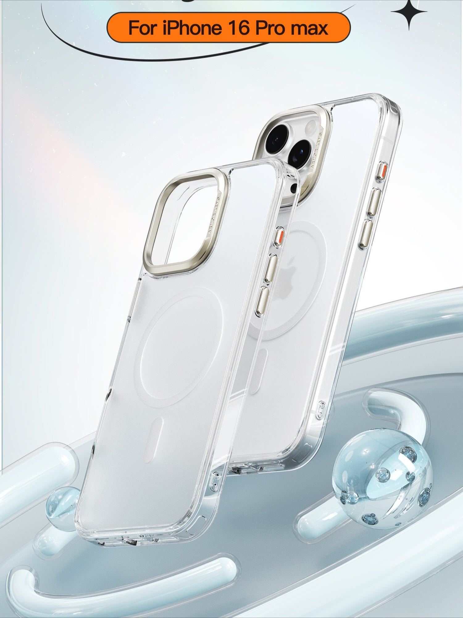 Two clear cases for the iPhone 16 Pro Max, showcasing aluminum alloy button details, precise camera cutouts, and raised camera protection, elegantly set against an abstract background.