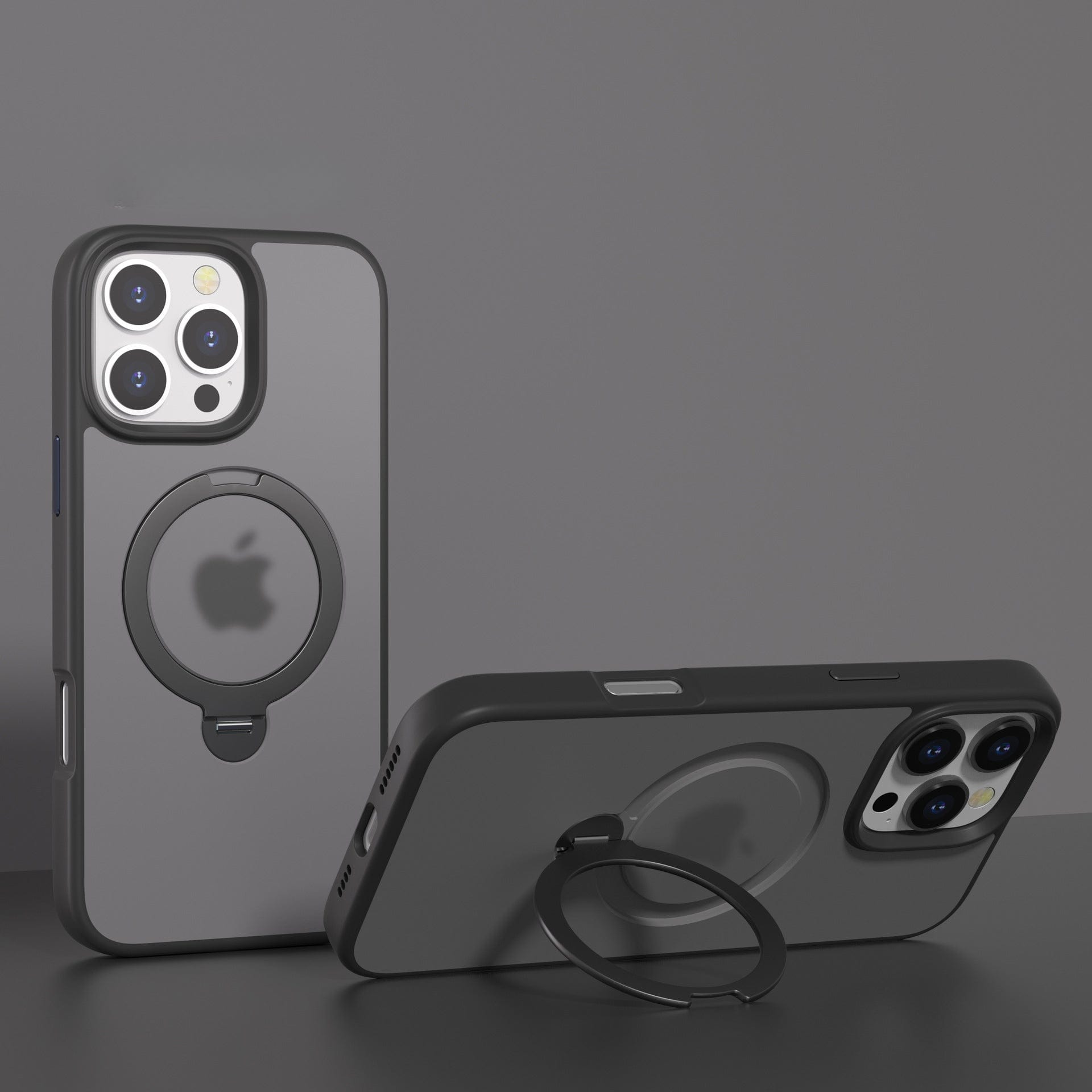 Two smartphones with triple cameras, encased in dark, shock-absorbing protective cases featuring circular grips, are positioned upright and horizontally on a gray surface. One case is the MagSafe-Compatible iPhone 16 Pro Max Case, which boasts a slim fit, soft-touch finish, N52 magnetic absorption for enhanced practicality and style, along with a 360° rotating stand for ultimate versatility.
