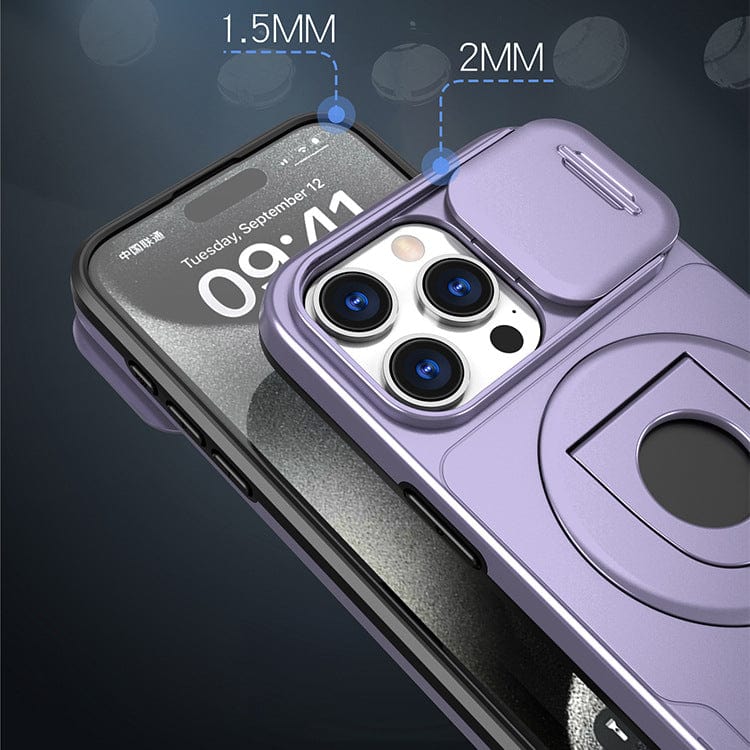 A close-up of an iPhone 16 Pro Max Case with Sliding Window in a striking purple color. The case features raised edges of 1.5mm and 2mm around the camera and screen for added protection. Date and time on the phone show Tuesday, September 12, 09:41.