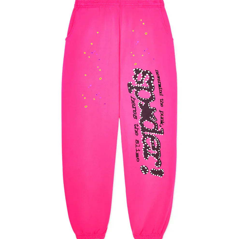 Sp5der Sweatpants – Unisex Pink Cotton Wide Leg Sweatpants with Graphic Logo Print