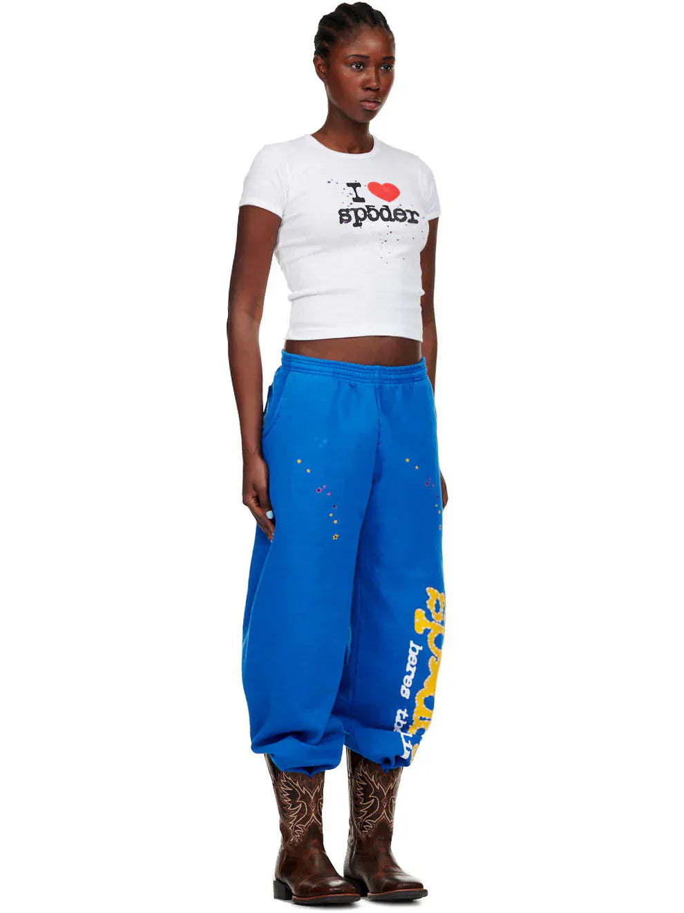 Sp5der Sweatpants – Unisex Blue Cotton Sweatpants with Yellow Side Logo and Star Print