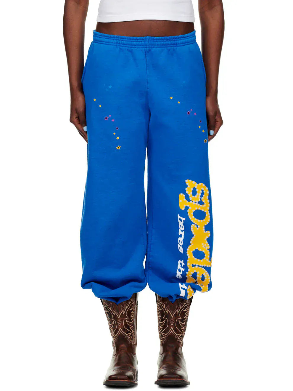 Sp5der Sweatpants – Unisex Blue Cotton Sweatpants with Yellow Side Logo and Star Print