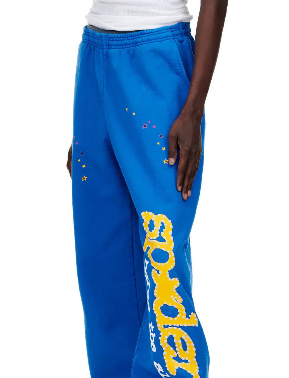 Sp5der Sweatpants – Unisex Blue Cotton Sweatpants with Yellow Side Logo and Star Print