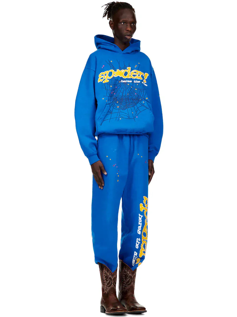 Sp5der Sweatpants – Unisex Blue Cotton Sweatpants with Yellow Side Logo and Star Print