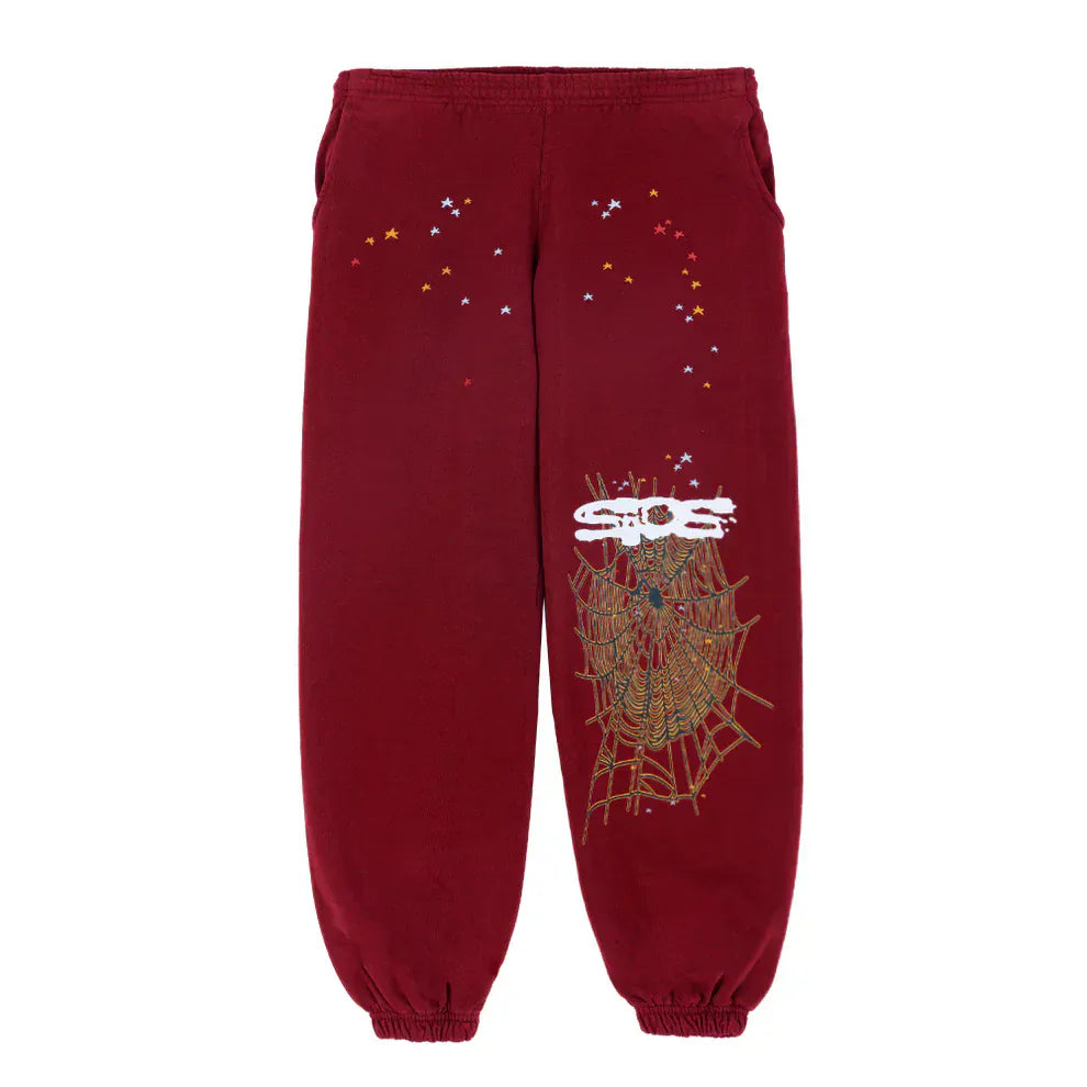Sp5der Sweatpants – Unisex Burgundy Cotton Sweatpants with Spider Web Graphic