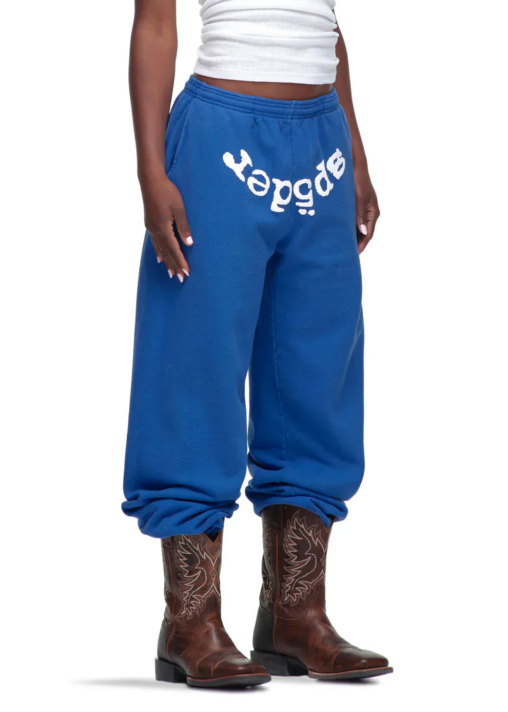 Sp5der Sweatpants – Unisex Blue Cotton Sweatpants with Front Logo Print