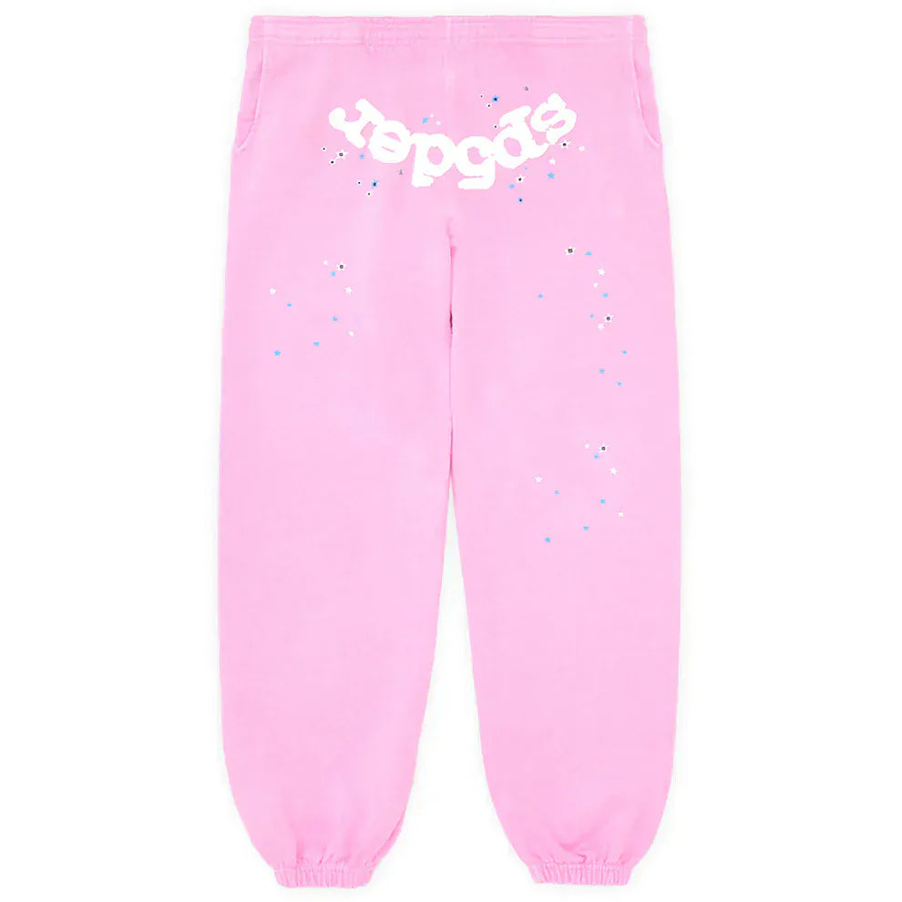 Sp5der Sweatpants – Unisex Light Pink Cotton Sweatpants with Front Logo and Star Print