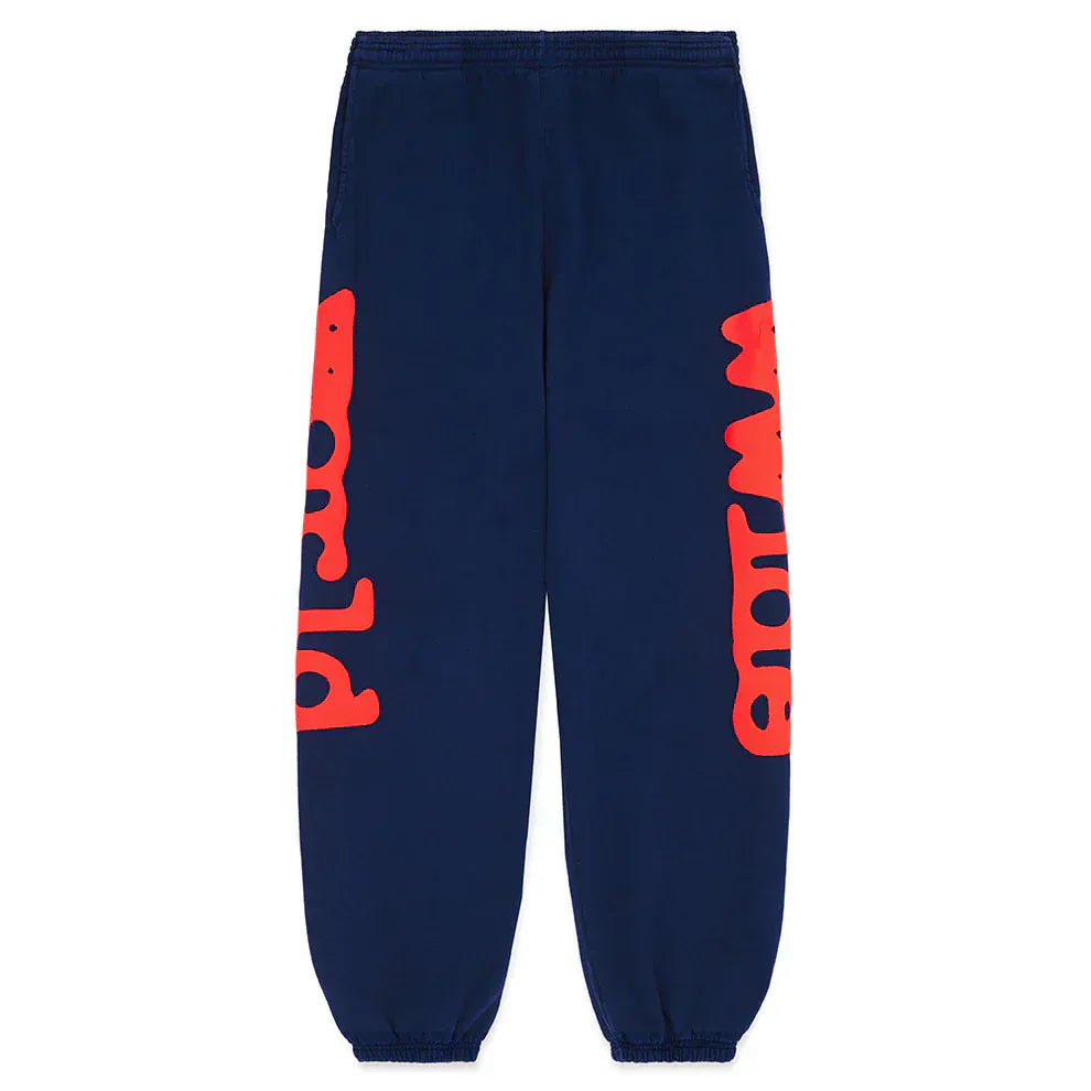 Sp5der Sweatpants Navy Blue Red Side Logo Print – 100% Cotton Streetwear Jogger Pants