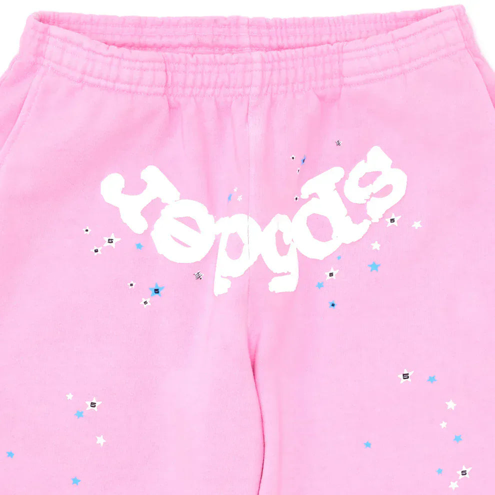 Sp5der Sweatpants – Unisex Light Pink Cotton Sweatpants with Front Logo and Star Print
