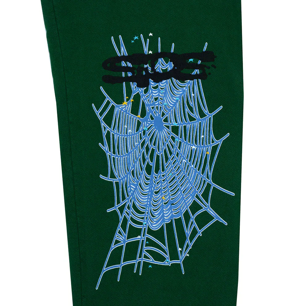 100% Cotton Sp5der Sweatpants for Men – Dark Green Streetwear Jogger Pants with Spider Web Graphic, Relaxed Fit