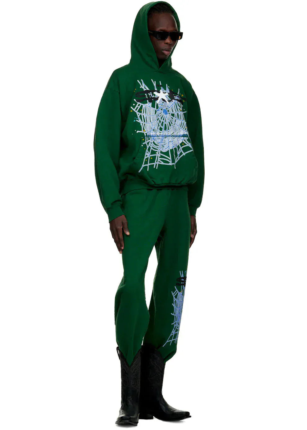 100% Cotton Sp5der Sweatpants for Men – Dark Green Streetwear Jogger Pants with Spider Web Graphic, Relaxed Fit