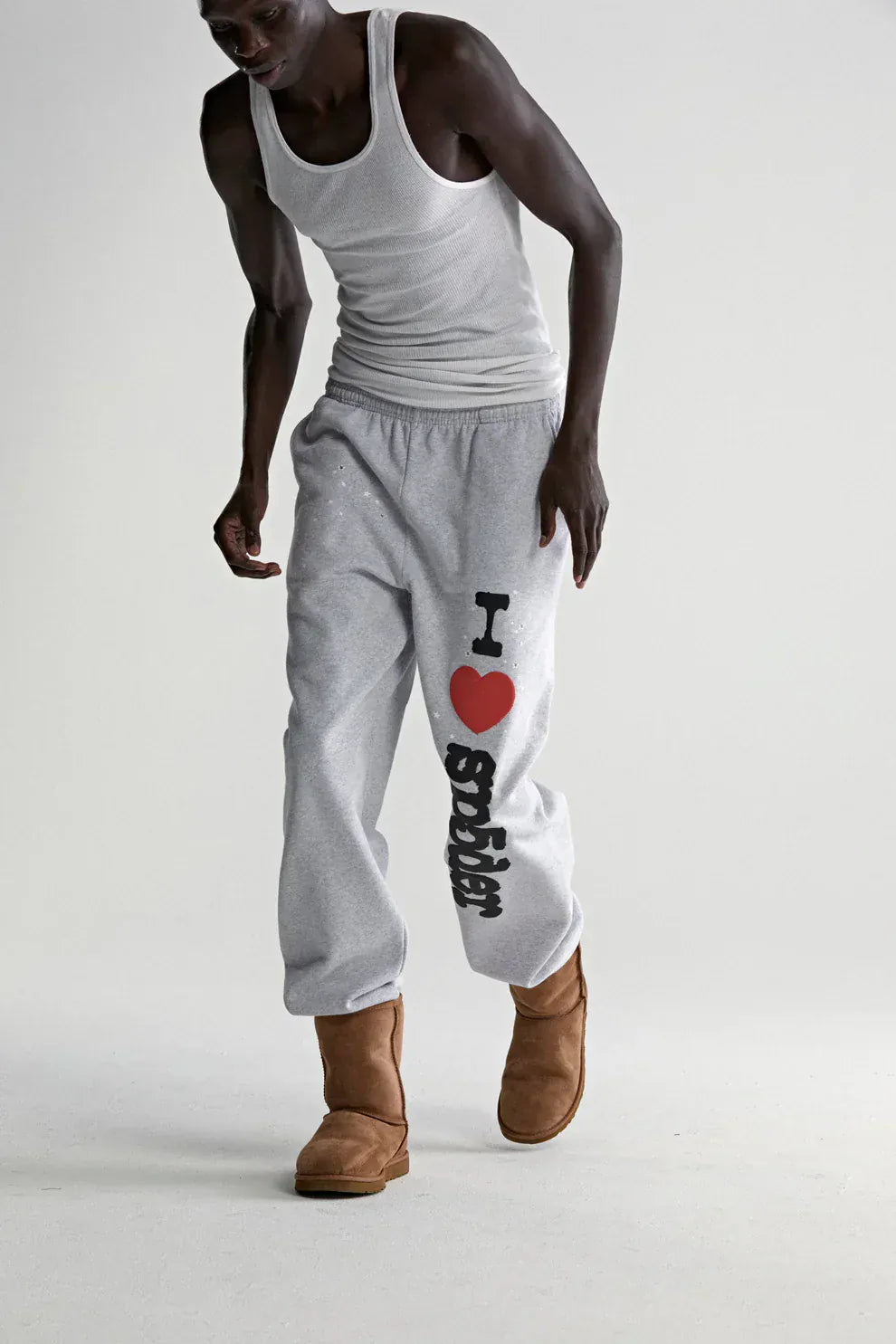 100% Cotton Sp5der Sweatpants for Men – Light Grey Jogger Pants with “I Love Sp5der” Graphic, Relaxed Fit