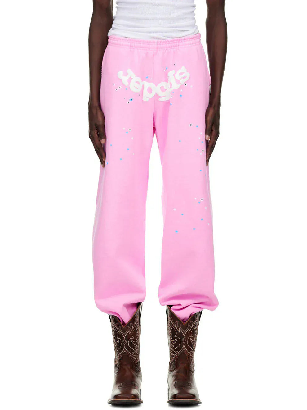 Sp5der Sweatpants – Unisex Light Pink Cotton Sweatpants with Front Logo and Star Print