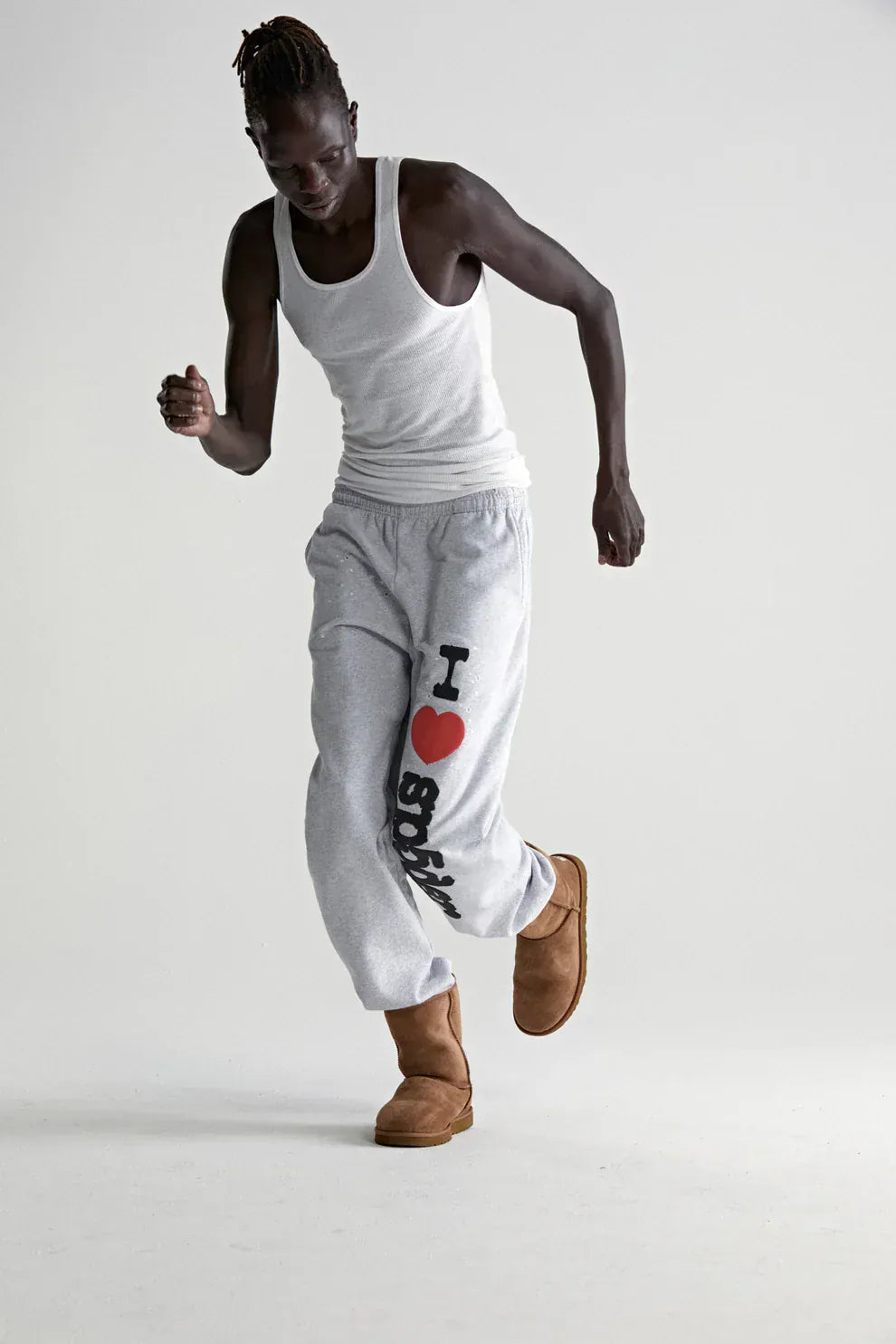 100% Cotton Sp5der Sweatpants for Men – Light Grey Jogger Pants with “I Love Sp5der” Graphic, Relaxed Fit