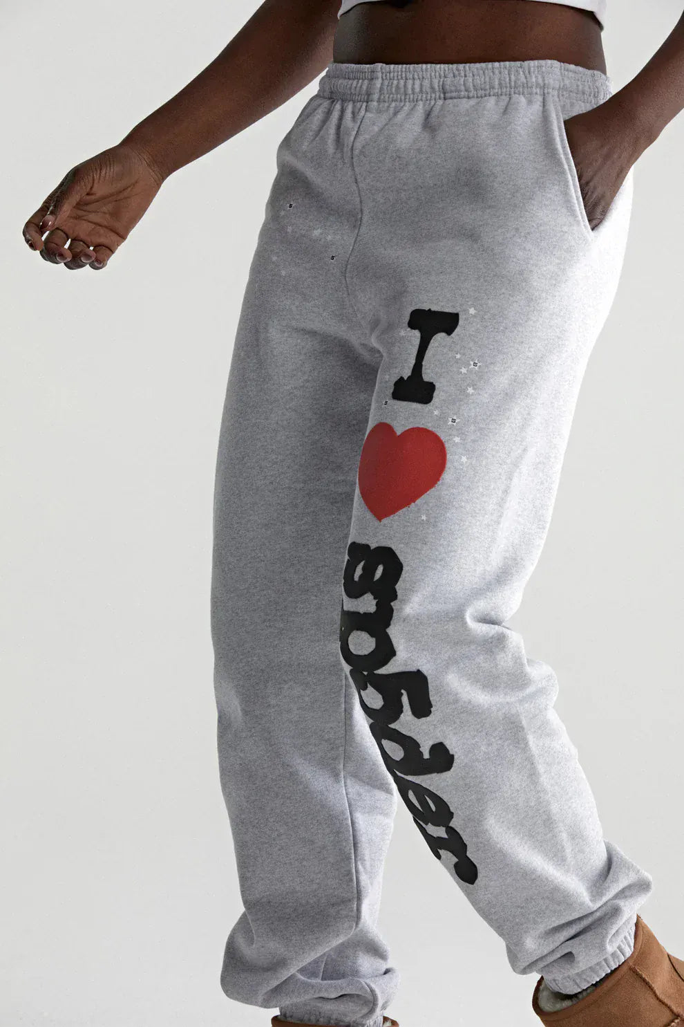 100% Cotton Sp5der Sweatpants for Men – Light Grey Jogger Pants with “I Love Sp5der” Graphic, Relaxed Fit