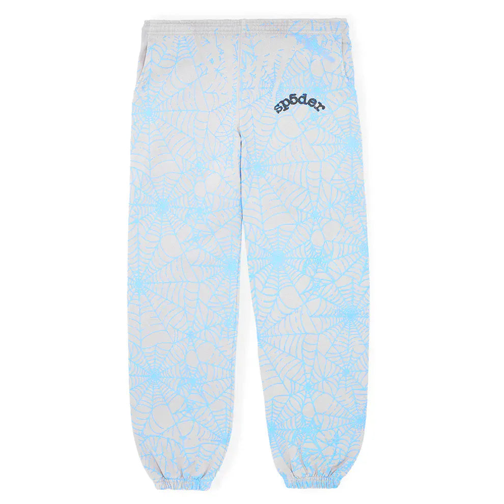 100% Cotton Sp5der Sweatpants for Men – Light Grey Jogger Pants with All-Over Spider Web Print, Relaxed Fit