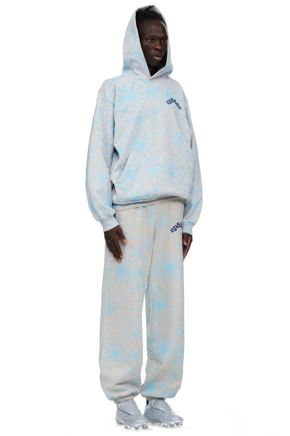 100% Cotton Sp5der Sweatpants for Men – Light Grey Jogger Pants with All-Over Spider Web Print, Relaxed Fit