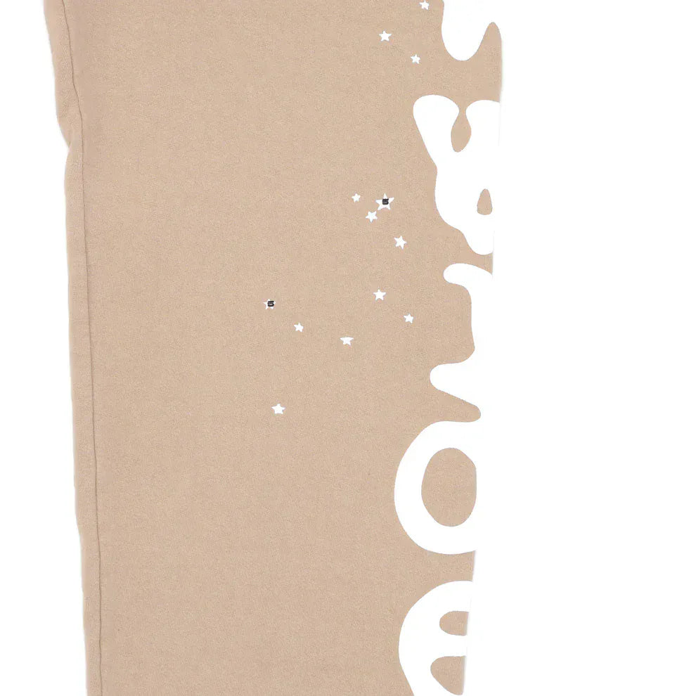 100% Cotton Sp5der Sweatpants for Men – Beige Streetwear Jogger Pants with Side Logo Graphic, Relaxed Fit