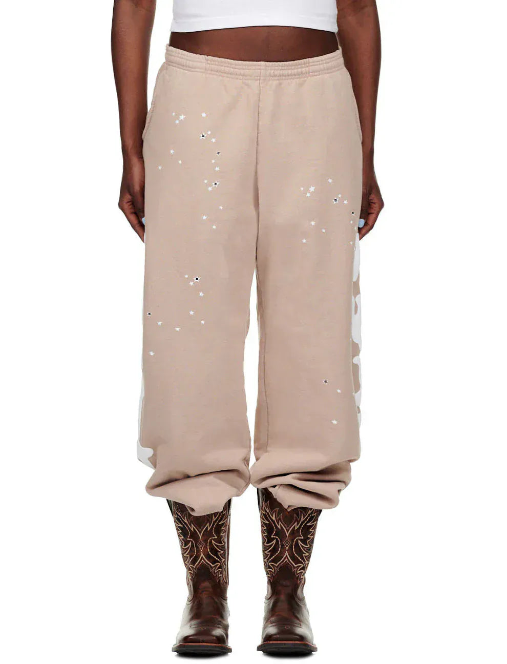 100% Cotton Sp5der Sweatpants for Men – Beige Streetwear Jogger Pants with Side Logo Graphic, Relaxed Fit