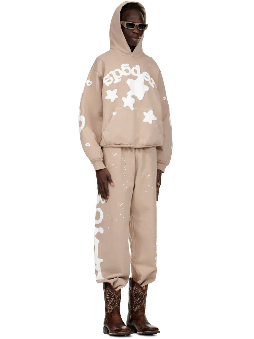 100% Cotton Sp5der Sweatpants for Men – Beige Streetwear Jogger Pants with Side Logo Graphic, Relaxed Fit