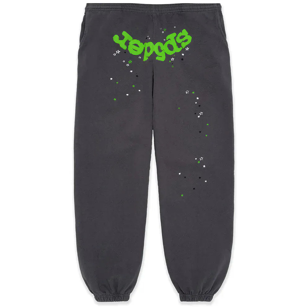 100% Cotton Sp5der Sweatpants for Men – Dark Grey Jogger Pants with Green Logo Graphic, Relaxed Fit