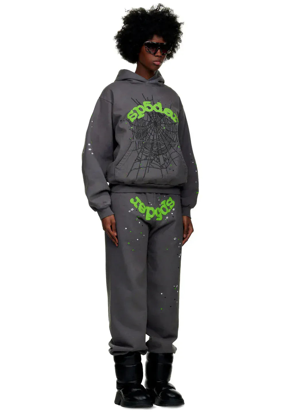 100% Cotton Sp5der Sweatpants for Men – Dark Grey Jogger Pants with Green Logo Graphic, Relaxed Fit