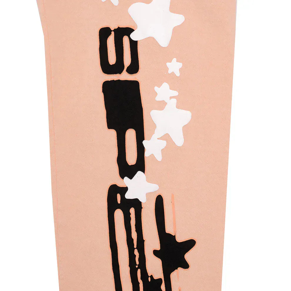 100% Cotton Sp5der Sweatpants – Unisex Peach Jogger Pants with Vertical Logo and Star Graphics, Relaxed Fit