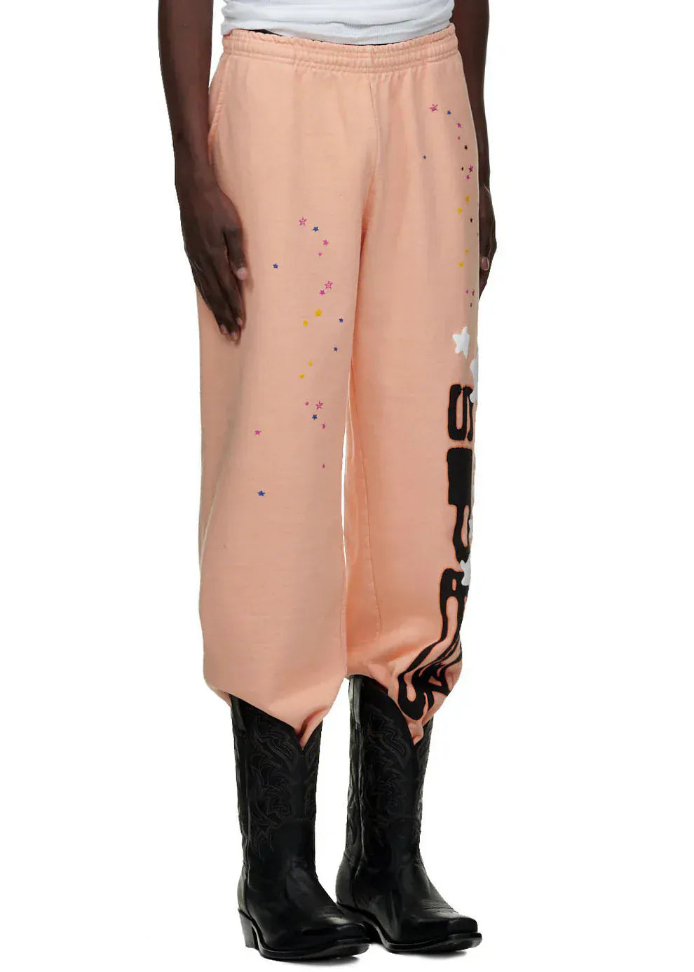 100% Cotton Sp5der Sweatpants – Unisex Peach Jogger Pants with Vertical Logo and Star Graphics, Relaxed Fit