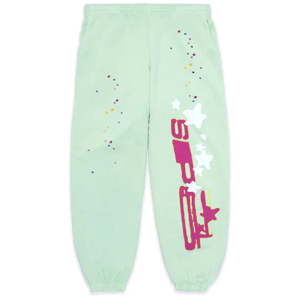 100% Cotton Sp5der Sweatpants – Unisex Mint Green Jogger Pants with Vertical Logo and Star Graphics, Relaxed Fit