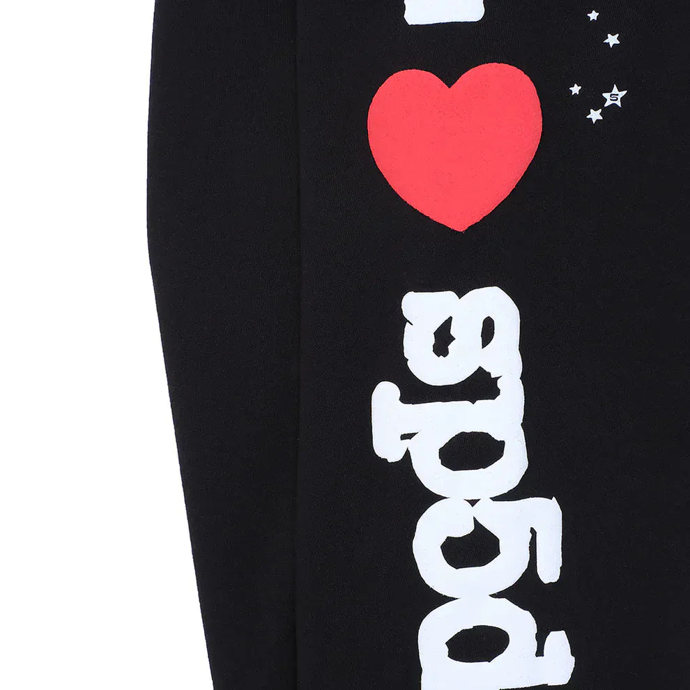 100% Cotton Sp5der Sweatpants – Unisex Black Jogger Pants with “I Love Sp5der” Graphic, Relaxed Fit