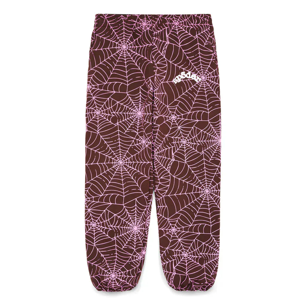 100% Cotton Sp5der Sweatpants – Unisex Brown Jogger Pants with All-Over Spider Web Print, Relaxed Fit