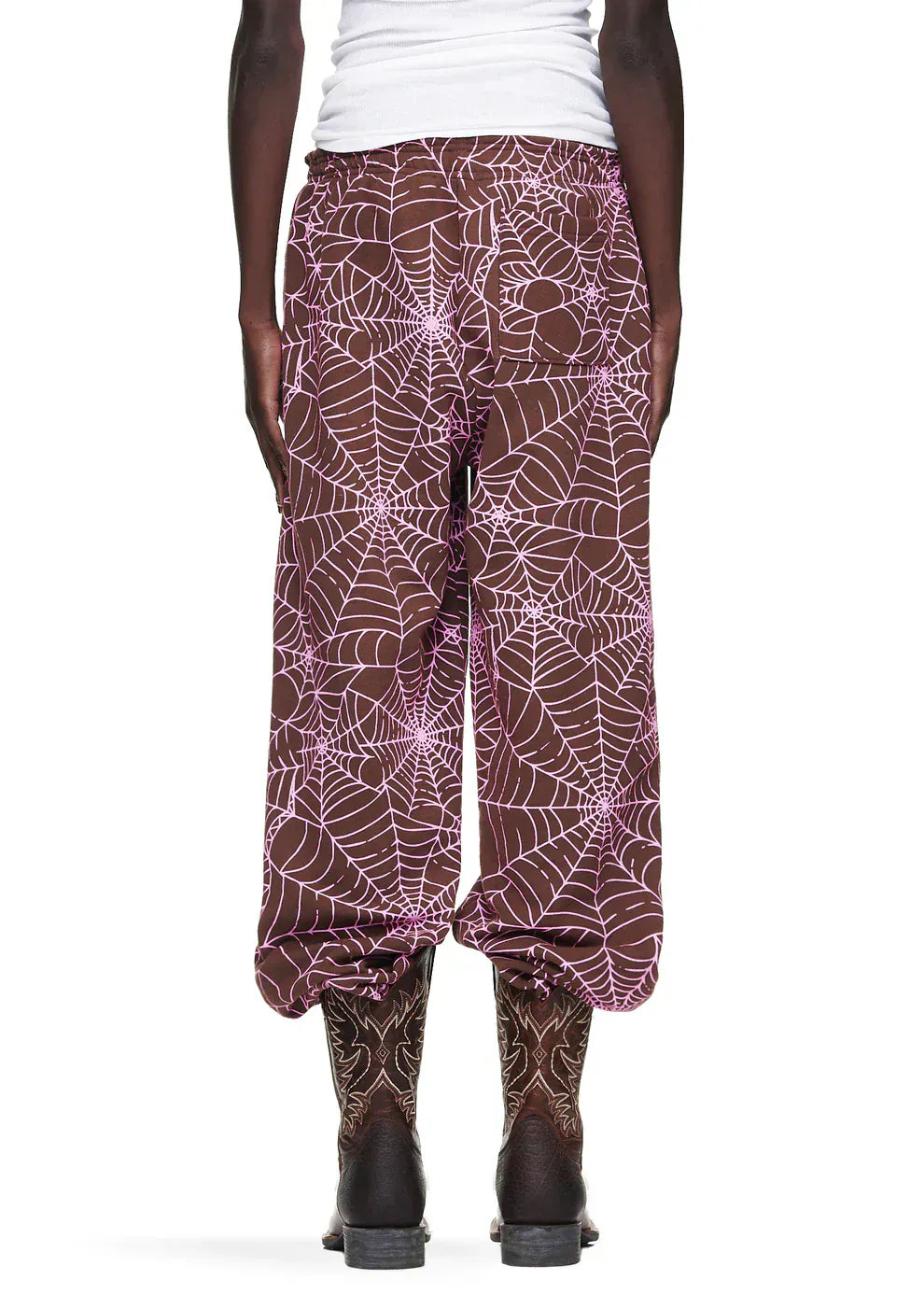 100% Cotton Sp5der Sweatpants – Unisex Brown Jogger Pants with All-Over Spider Web Print, Relaxed Fit