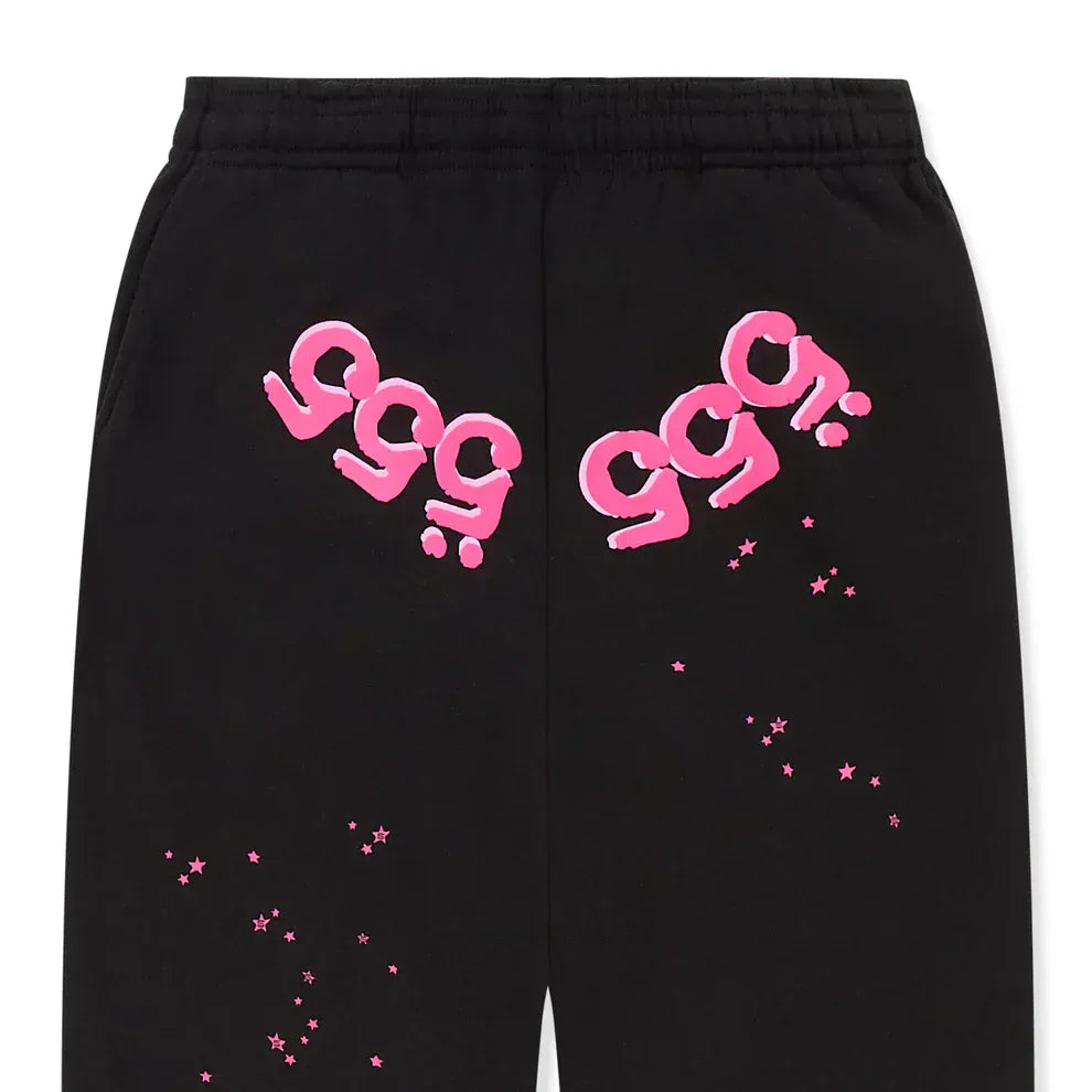 100% Cotton Sp5der Sweatpants – Unisex Black Jogger Pants with Pink Logo Graphics, Relaxed Fit