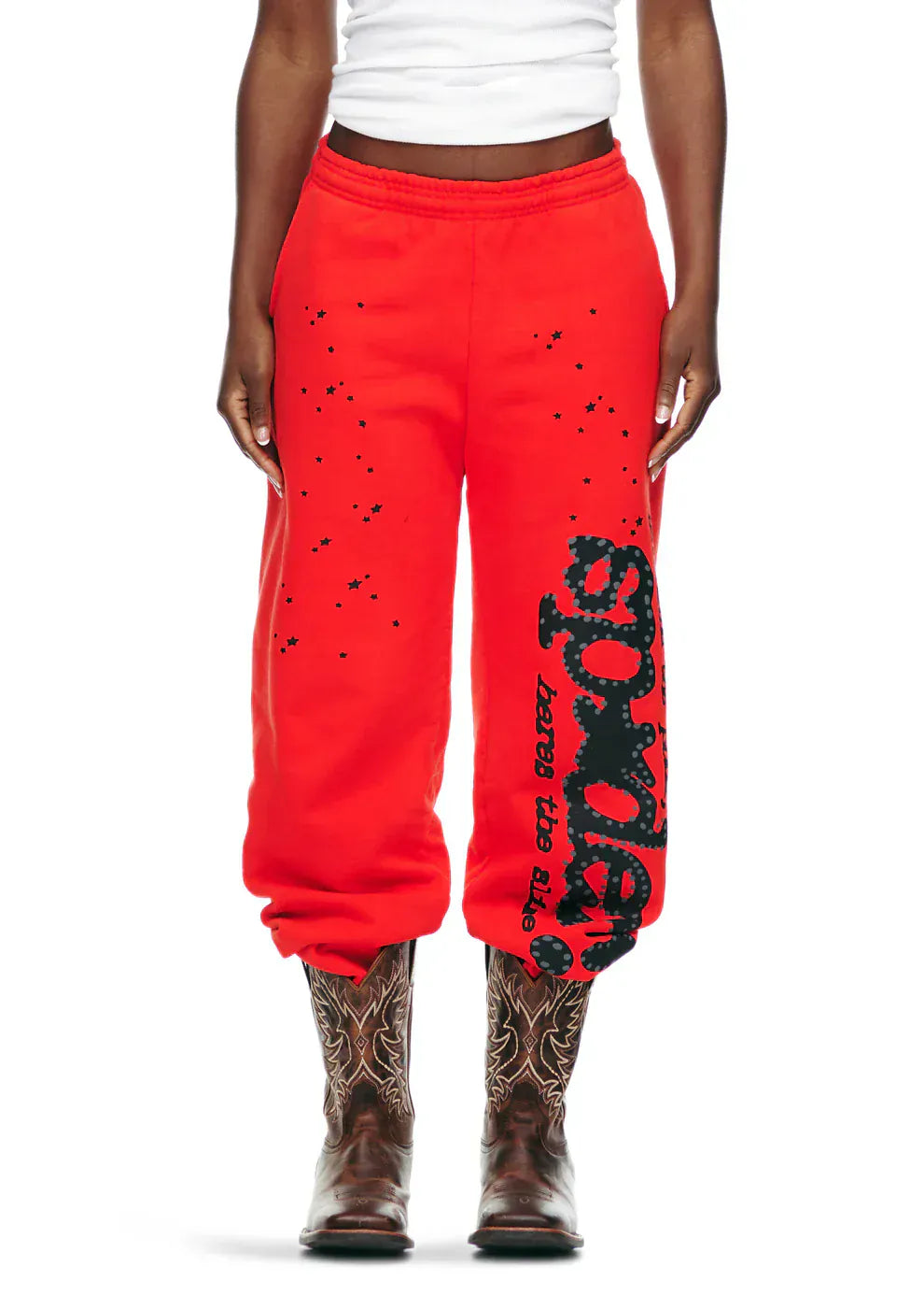 100% Cotton Sp5der Sweatpants – Unisex Red Jogger Pants with Black Logo and Star Graphics, Relaxed Fit