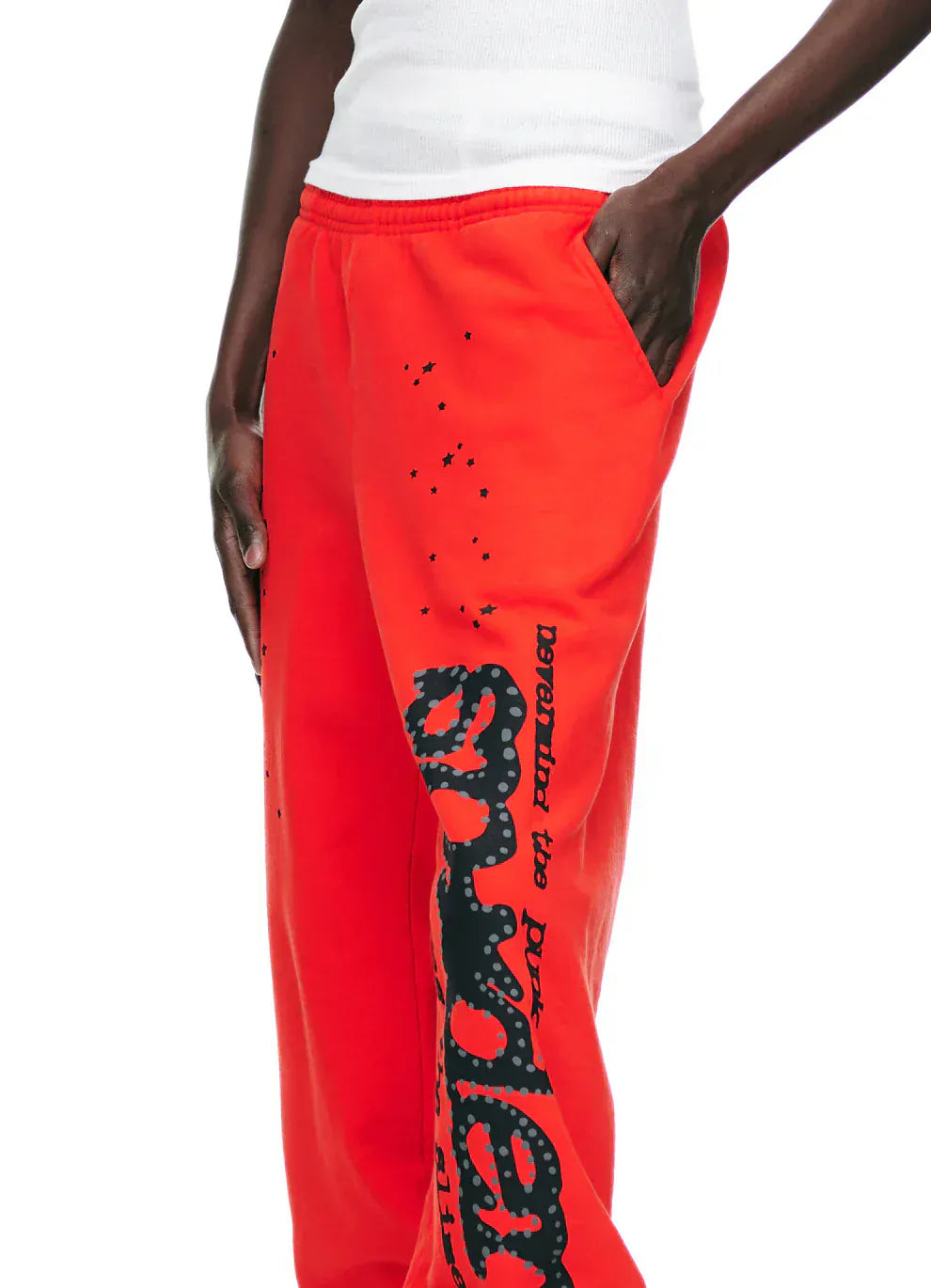 100% Cotton Sp5der Sweatpants – Unisex Red Jogger Pants with Black Logo and Star Graphics, Relaxed Fit