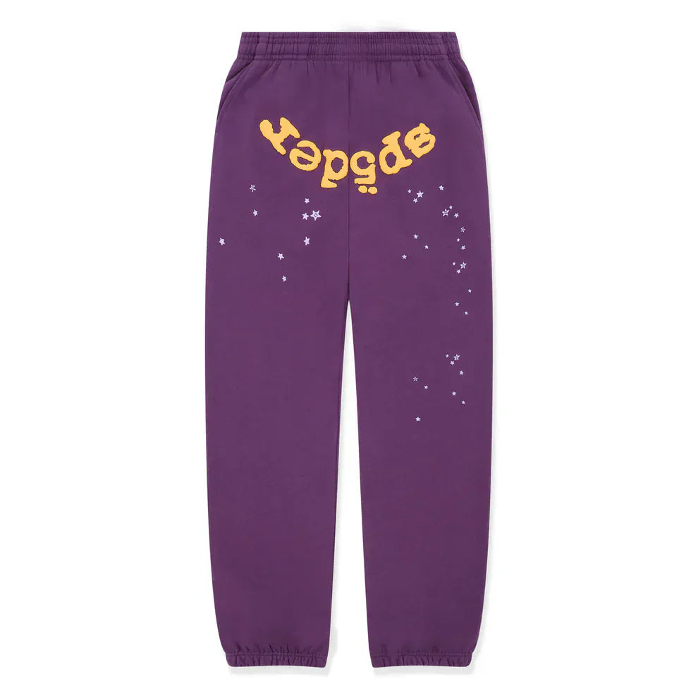100% Cotton Sp5der Sweatpants – Unisex Purple Jogger Pants with Yellow Logo and Star Graphics, Relaxed Fit