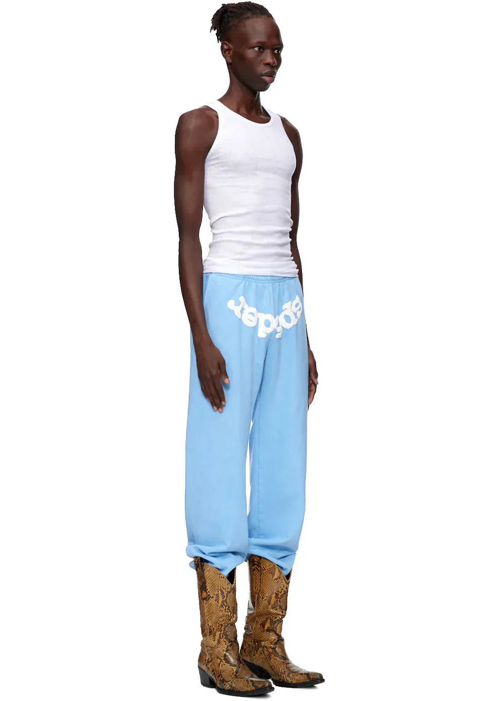 Sp5der Sweatpants – Unisex Light Blue Cotton Sweatpants with Front Logo Print