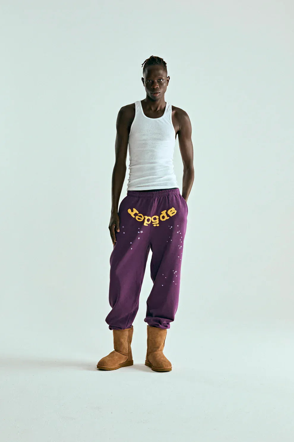 100% Cotton Sp5der Sweatpants – Unisex Purple Jogger Pants with Yellow Logo and Star Graphics, Relaxed Fit