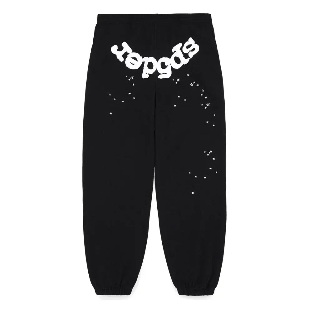 Sp5der Sweatpants – Unisex Black Cotton Sweatpants with Front Logo and Star Print