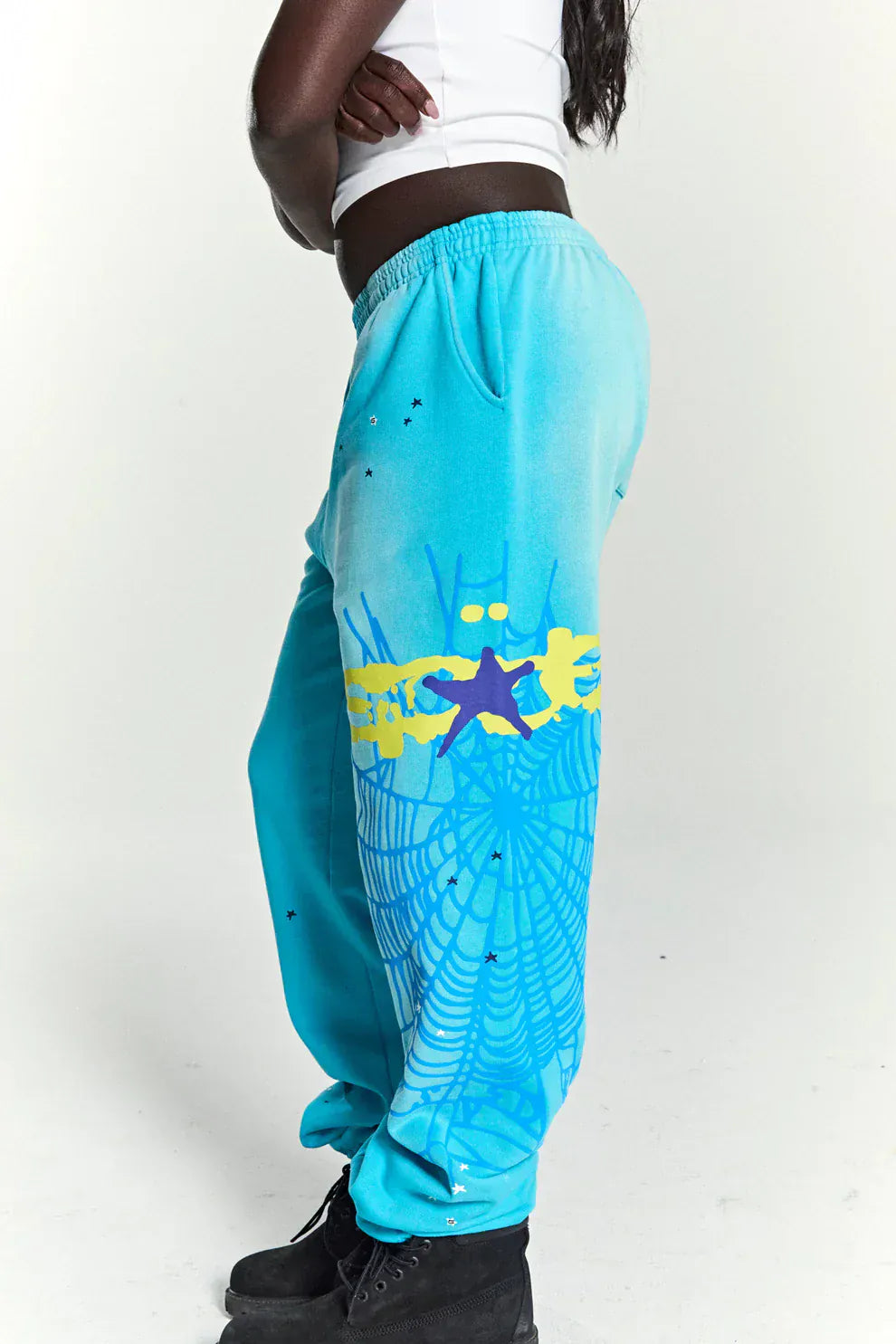 100% Cotton Sp5der Sweatpants – Unisex Blue Jogger Pants with Spider Web Graphic and Star Details, Relaxed Fit