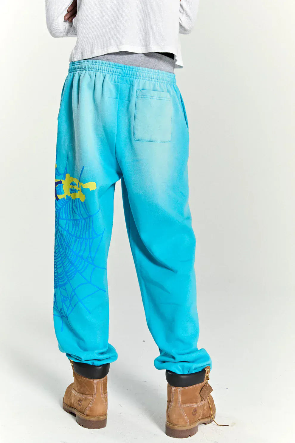 100% Cotton Sp5der Sweatpants – Unisex Blue Jogger Pants with Spider Web Graphic and Star Details, Relaxed Fit