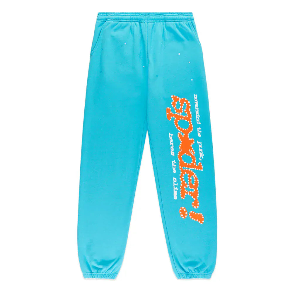 100% Cotton Sp5der Sweatpants – Unisex Teal Jogger Pants with Orange Logo Print and Relaxed Fit
