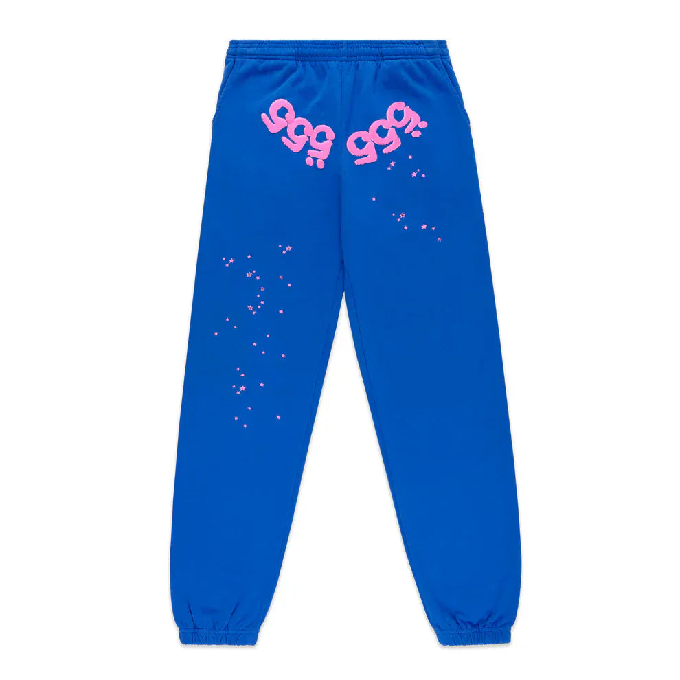 100% Cotton Sp5der Sweatpants – Unisex Blue Jogger Pants with Pink Logo and Star Accents, Relaxed Fit