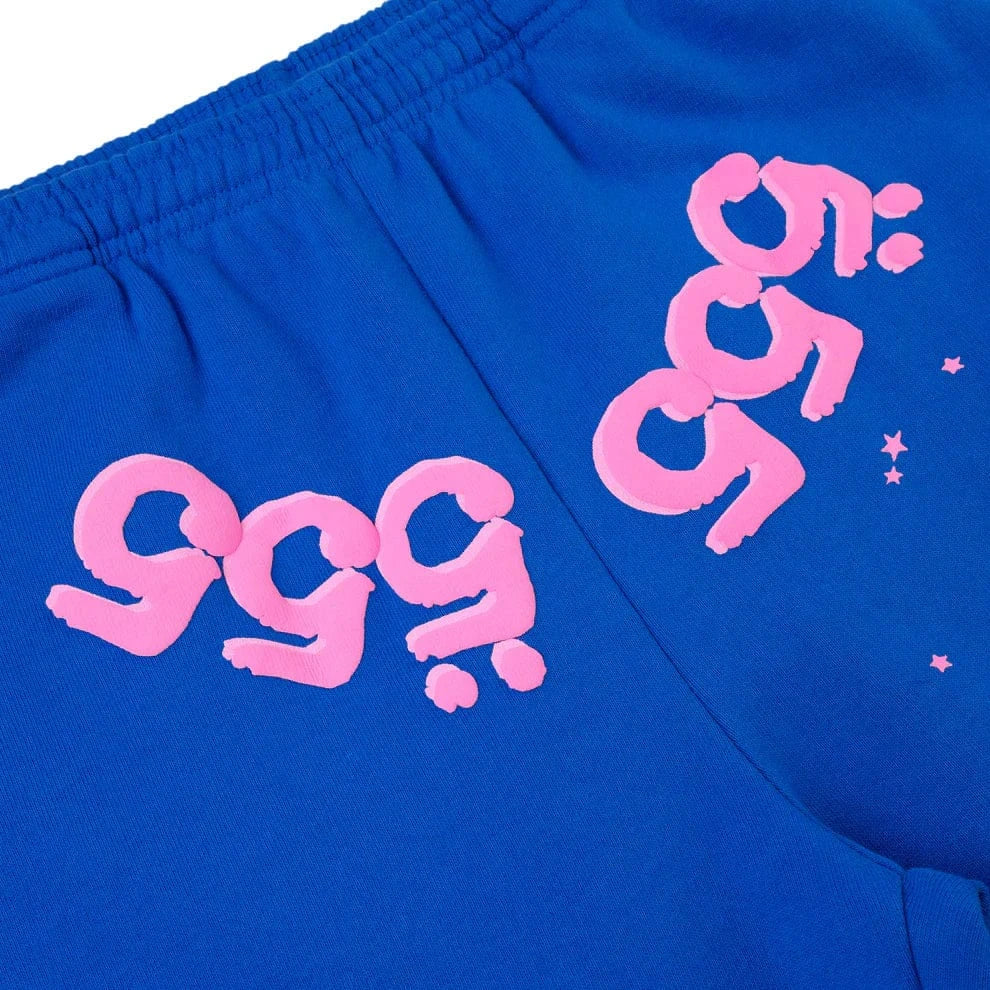 100% Cotton Sp5der Sweatpants – Unisex Blue Jogger Pants with Pink Logo and Star Accents, Relaxed Fit