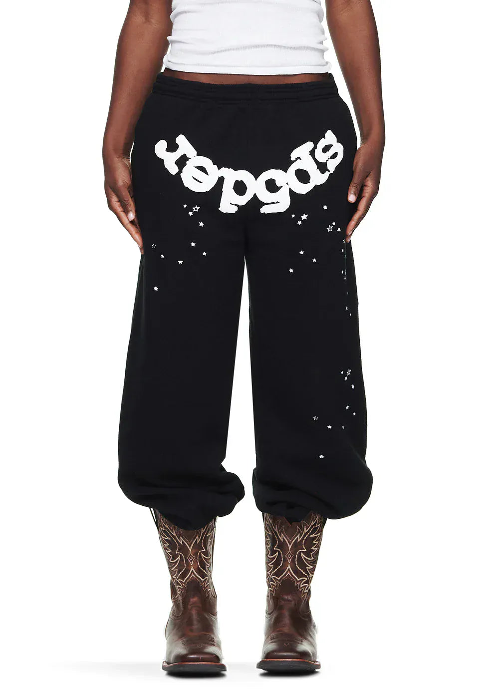 Sp5der Sweatpants – Unisex Black Cotton Sweatpants with Front Logo and Star Print