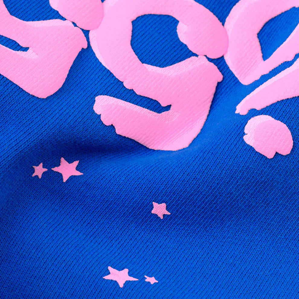 100% Cotton Sp5der Sweatpants – Unisex Blue Jogger Pants with Pink Logo and Star Accents, Relaxed Fit