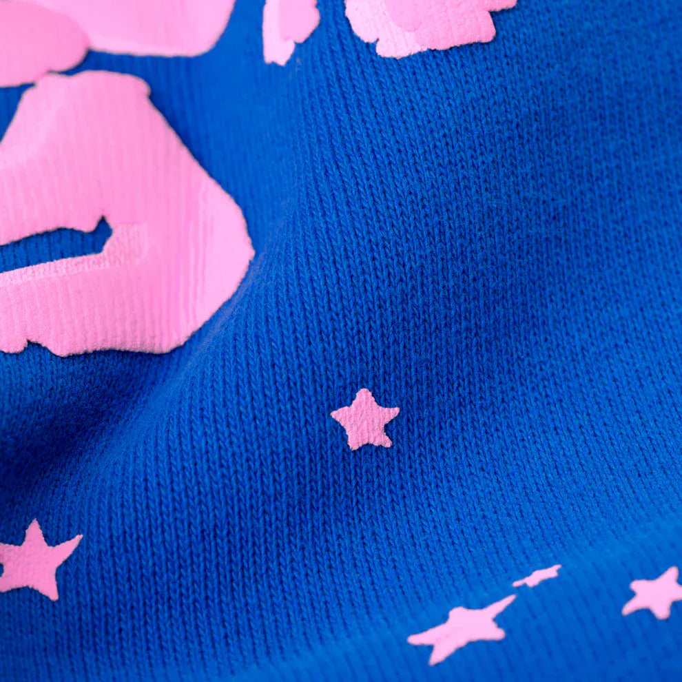 100% Cotton Sp5der Sweatpants – Unisex Blue Jogger Pants with Pink Logo and Star Accents, Relaxed Fit