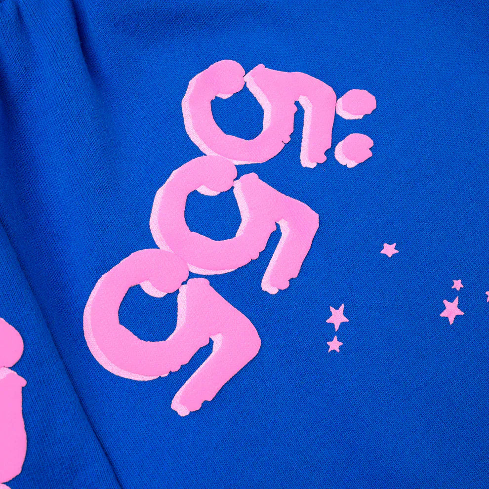 100% Cotton Sp5der Sweatpants – Unisex Blue Jogger Pants with Pink Logo and Star Accents, Relaxed Fit